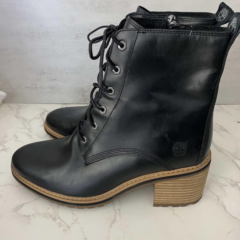 Timberland Sienna High Lace-Up Waterproof Boots Sz 10 Black Leather Heeled - Picture 6 of 15